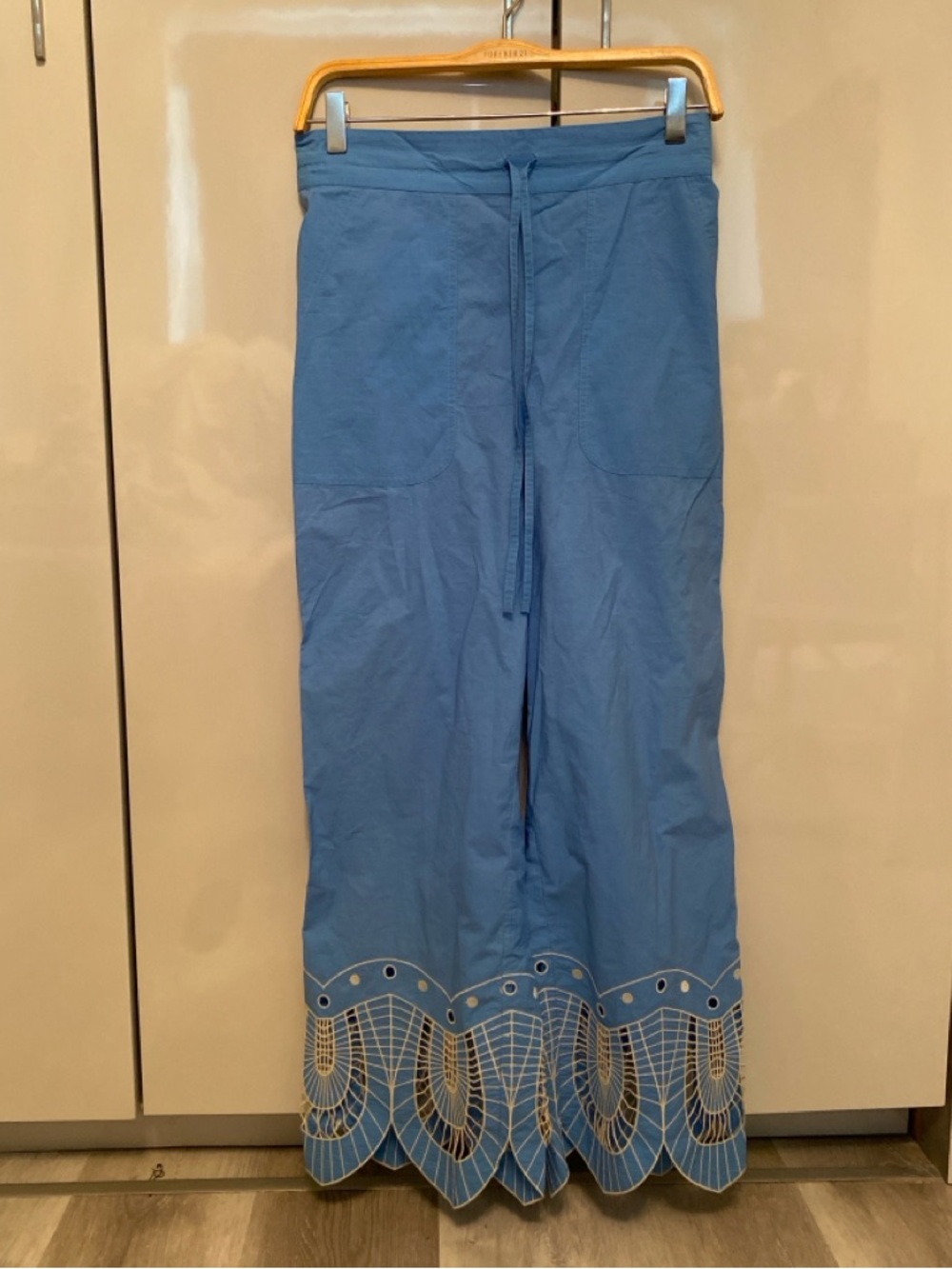 FIGUE COTTON Women's Blue Embroidered Wide-Leg Pants size S paper tag missing - Picture 2 of 5